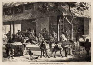 Animace domu a aktivity na ulici. Rytina pro ilustraci plavby do Japonska v letech 1863-1864 od Aime Humberta, ministra Švýcarské konfederace, v „“Le tour du monde, nouveau journal des voyages““ vydaném pod vedením od Unknown artist