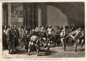 Učenci pro zápas sumo se před bojem zahřejí, protáhnou, upraví a soustředí. Rytina pro ilustraci cesty do Japonska od Aime Humberta, ministra Švýcarské konfederace, v letech 1863-1864, publikovaná v „“ le tour du monde““, od Unknown artist