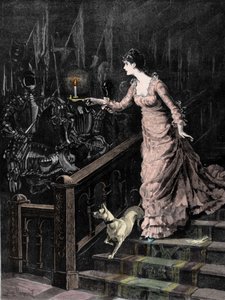 Ve zbrojnici strašilo: mladá žena sestupuje ze schodů a nasměruje svíčku, kterou drží v ruce, na sadu brnění. Ilustrace konce 19. století od Unknown artist