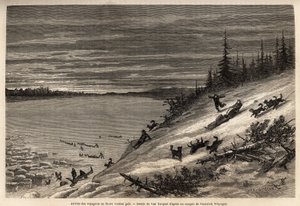 Úplně zamrzí příjezd cestujících na psím spřežení k řece Yukon (extrémní severní Kanada). Rytina pro ilustraci plavby a dobrodružství v anglické Kolumbii, na ostrově Vancouver a na Aljašce, Frederick Whymper od Unknown artist