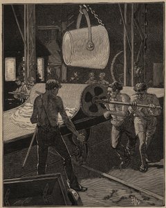 Umění skla: výroba zmrzliny. Krok zvaný „velký tok“. Rytina z roku 1885 v „“Les arts et metiers illustres““ od Adolphe BITARDA. od Unknown artist