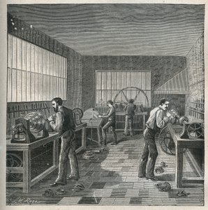 Umění soustruhu: kovovýroba v dílně soustružníka-odpuzovače. Rytina z roku 1885 v „“Les arts et metiers illustres““ od Adolphe BITARDA. od Unknown artist