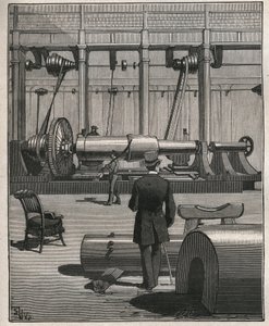 Umění prohlídky: střílet z ocelového monstrózního děla. Rytina z roku 1885 v „“Les arts et metiers illustres““ od Adolphe BITARDA. od Unknown artist