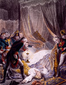 Atentát na Pavla I. Petroviče (1754-1801), ruského cara v jeho pokoji v Paláci svatého Michala poté, co byl nucen podepsat svou abdikaci. Rytina kolem roku 1801. Soukromá sbírka od Unknown artist