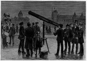 Astronom a jeho astronomická luneta na Place du Chatelet v Paříži v době pozorování planety Venuše, v únoru 1889. Rytina „“ La Nature. Revue des sciences et de ses applications aux arts et a l