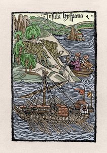 Barkage at Hispaniola Christopher Columbus (1451-1506). Rytina z “” De insulis in mare Indico super inventis””, Bale 1493-1494 (latinský překlad Kolumbovy zprávy španělskému králi). od Unknown artist