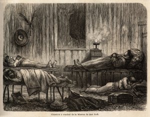 Ložnice křesťanské misie San Jose (Peru), která přivítá autora během jeho cesty. Rytina pro ilustraci cesty z Tichého oceánu do L