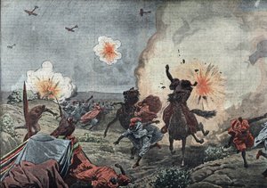 Počátek válečného letectva: vojenští letci francouzské armády rozhánějí bombami povstaleckou Riatu v okolí města Taza v Maroku, červenec 1914 (počátek válečného letectva a Počátky bombardování, francouzský letec bombarduje marocké povstalce v oblasti od Unknown Artist