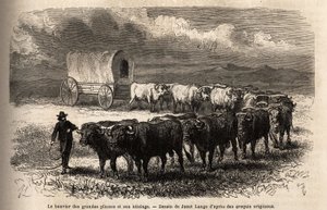 Velké pláně řídí a jejich zádrhel. Rytina pro ilustraci cesty na americký daleký západ od M. L. Simonina, v roce 1867, publikovaná v „Le tour du monde, nouveau journal des voyages“, editoval Edouard Charton od Unknown artist