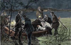 Tělo Ludvíka (Ludwiga) II. z Baviere Wittelsbach (1845-1886) nalezne utopené s Dr. Guddenem v jezeře Starnberg poblíž hradu Berg v červnu 1886 Rytina od Unknown artist