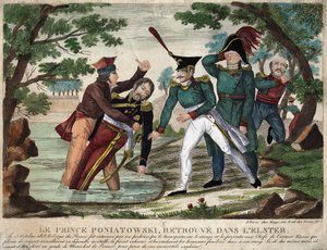 Tělo prince Josepha (Jozef) Antoniho Poniatowského (1763) nalezeno v řece Eelster dne 23. října 1813, rytina doby od Unknown artist
