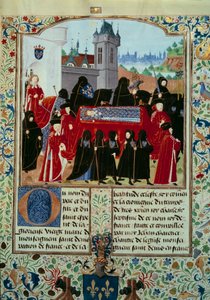 Tělo zesnulého krále Karla VI. (1368-1422) je odneseno, za průvodem nový král Karel VII. (1403-1461) Miniatura z 22. 10. 1422 z rukopisu „“ Letopisy Karla VII.““ (Ms. fr. 2691) od Jeana Chartiera od Unknown artist