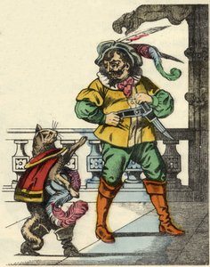 Kočka se setká se zlobrem. Ilustrace příběhu „The cat botte“ od Charlese Perraulta od Unknown artist