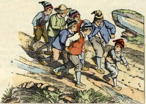 Bratři následují Malého Pouleta, který na cestu zasel bílé oblázky. Ilustrace příběhu „Le Petit Poucet““ od Charlese Perraulta od Unknown artist
