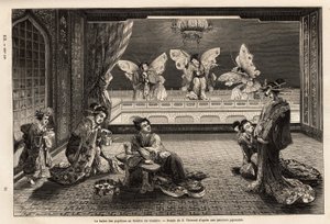 Motýlí balet v divadle Gankiro v Miyozaki Pleasure District v Jokohamě. Rytina k ilustraci cesty do Japonska od Aime Humberta, ministra Švýcarské konfederace, v letech 1863-1864, publikovaná v „“ le tour du monde““, pod dire od Unknown artist