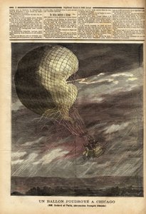 Zajatý balon (captive balloon) francouzských pánů Godarda a Panise, obětí nehody způsobené bouří 7. července, na půdě Světové výstavy v Chicagu, v plném letu, balon byl zasažen a zasažen, přičemž došlo ke zranění dva letci gr od Unknown artist