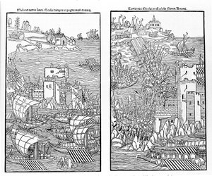 Dobytí Rhodosu Turky v roce 1522. Turci zaútočí na pevnost sv. Mikuláše. Dřevorytectví. od Unknown artist