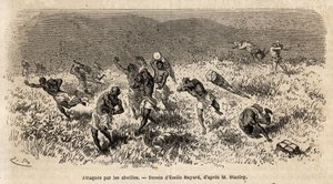 Karavanu nosičů expedice Henryho Mortona Stanleyho (1841-1904) na silnici Misonghi (východní Afrika) napadl mrak včel. Rytina znázorňující cestu při hledání Livingstone ve střední Africe od Henryho Stanleyho, dopisovatele od Unknown artist
