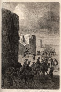 Karavana Hadžiů (muslimských pelerinů) v Korantaghi (Persie, Írán). Kresba Emila Bayarda (1837-1891) pro ilustraci cesty do Střední Asie v roce 1863 od Arminia Vamberyho (maďarského vědce v přestrojení za derviše). Rytina „“ Le tour du mond od Unknown artist