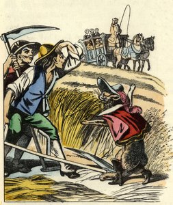 Kočka nutí rolníky, aby řekli, že pole, na kterém sekají pšenici, patří markýzi de Carabas. Ilustrace příběhu „The cat botte“ od Charlese Perraulta od Unknown artist