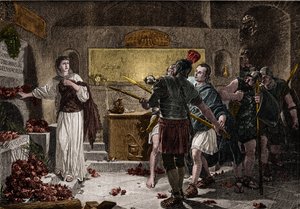 Římské katakomby sloužily k pohřbívání křesťanských mučedníků v prvním století, aniž by narazili na nějaké překážky ze strany Římanů. Kolem roku 257, za vlády císaře Valeriana, začalo pronásledování mrtvých a mnoho křesťanů bylo pronásledováno a loveno. od Unknown artist