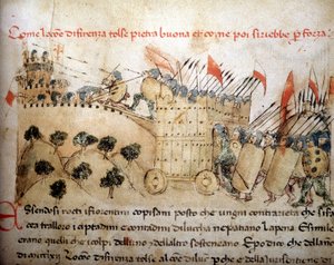 Město Florencie dobylo Pietrabuonu, kterou později obsadili obyvatelé Luccy – v „Croniche del Sercambi“, kolem roku 1400. Národní archiv, Lucca. od Unknown artist