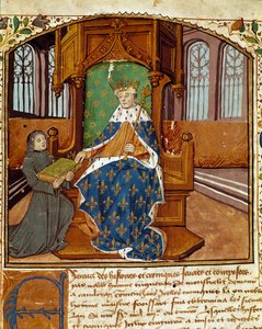 Fejetonista Enguerrand de Monstrelet (1400-1453) daruje svou knihu králi Karlu VII. (1403-1467) Miniatura z „Chronicles d