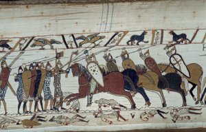Dobytí Anglie vévodou z Normandie Vilémem Dobyvatelem (1027-1087) v roce 1066: scéna bitvy u Hastingsu proti normanské pěchotě proti saské jízdě Detail tapiserie z Bayeux nebo výšivky královny Mathildy od Unknown artist