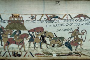Dobytí Bretaně armádou vévody z Normandie Viléma Dobyvatele (1027-1087): přechod přes Riviere du Couesnon ve výšce Mont Saint Michel, muži a koně se ponoří do pohyblivých písků Detail tapiserie z Bayeux nebo Embro od Unknown artist