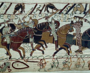Dobytí Anglie armádou vévody z Normandie Viléma Dobyvatele (1027-1087): Vévodu Guillaume poznají jeho vojáci zvednutím přilby během bitvy u Hastingsu Detail tapiserie z Bayeux nebo výšivky královny Mathildy od Unknown artist
