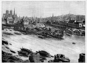 Stavba mostu Pont Neuf v Paříži procházející náměstím du Vert-Galant na konci Ile de la Cite. První práce v roce 1578. Rytina v „“ Le Monde illustrious““ od Unknown artist