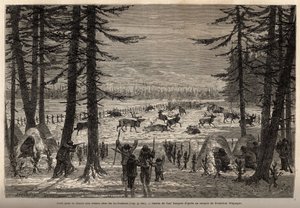 Korál pro lov sobů v Co-Yukon (co-Yukon nebo co-Youkouk) (indický kmen v extrémní severní Kanadě). Rytina pro ilustraci plavby a dobrodružství v anglické Kolumbii, na ostrově Vancouver a na Aljašce, Frederick Whymper od Unknown artist