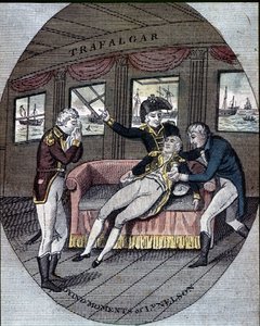 Smrt admirála Nelsona v bitvě u Trafalgaru na palubě jeho lodi „Victory“ (21. října od Unknown artist