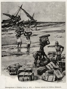 Vylodění v Chimbye (Tanzanie) Petersovy expedice. Rytina k ilustraci příběhu „Au secours d