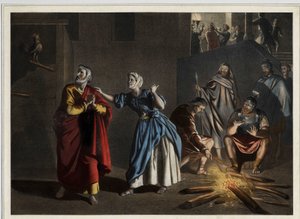 Zapření svatého Petra: jak Kristus předpověděl, svatý Petr třikrát zapře Krista, zatímco kohout oznamuje den. Anonymní rytina z poloviny 19. století. Anonymní rytina z poloviny 19. století. od Unknown artist