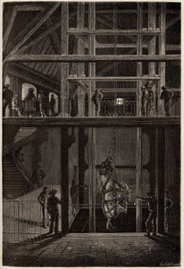 Sestup koně v dolech Creusot, používaný v podzemních tunelech pro přepravu povozů uhlí. Rytina pro ilustraci plavby na Creusot a doly Saone a Loire v roce 1865 od L. Simonina v „“ Le tour du monde, nouveau journal des od Unknown artist
