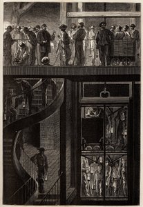 Sestup horníků (mužů, žen a dětí) výtahovou klecí do podzemních štol uhelných dolů Creusot. Rytina pro ilustraci plavby na Creusot a doly Saone a Loire v roce 1865 od L. Simonina v „“ Le tour du m od Unknown artist