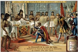 Objev indické cesty: Přijetí Vasca da Gamy samudrinem z Calicutu, konec května 1498 - reklamní viněta Liébig od Unknown artist