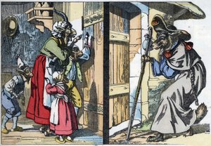 Přestrojený vlk klepe na dveře domu s kozou a bikety. Ilustrace příběhu „Compere le Loup, Maitre Renard, Comere la Chevre et ses petits biquets““ podle bajky Jean de la Fontaine. V “” Příběhy z domova pro malé od Unknown artist