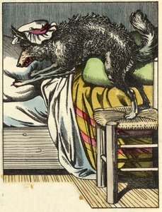 Přestrojený vlk zaujme místo babičky v posteli. Ilustrace pohádky „Červená karkulka“ od Charlese Perraulta od Unknown artist