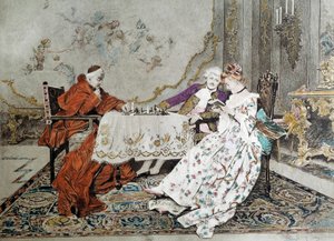 Dvojdíl Kardinál bojuje v šachové partii proti mladému muži se zapojí do hry svádění s mladou ženou v jeho blízkosti. Ilustrace 19. století. Paříž, dekorativní umění od Unknown artist