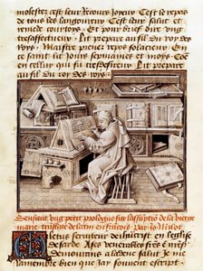 Církevní, kopista a překladatel Jean Mielot (zemř. 1472) představuje práci ve své kanceláři Page rukopisu z 15. století. Paříž, B.N. od Unknown artist