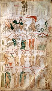 Vstup Jindřicha VI. ze Svaté říše (1165-1197) do Říma a jeho korunovace na císaře dne 14. 4. 1191 papežem Celestinem III. Strana převzata z „“ Liber ad honorem Augusti“““ od Pietra da Eboli (Petr z Eboli) - (kodex 120, fol 105) Burgerbibli 13. stol. od Unknown artist
