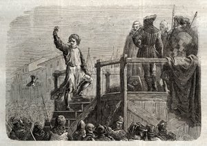Poprava Konradina (nebo Konráda z Hohenstaufenu), sicilského krále a vévody švábského (1252-1268) na příkaz Karla z Anjou po bitvě u Tagliacozzo v roce 1268“ (poprava Konradina (nebo Konráda mladšího), posledního štauferského krále ze Sicílie, následující od Unknown artist