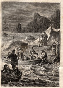 Výprava do jižních zemí (1800-1803) Nicolase Baudina (1754-1803): kurděje nemocní byli přepraveni na břeh v Zátoce dobrodružství (Tasmánie, Austrálie) - ilustrace převzata z „Velkých námořníků 18. století“ “ od Unknown artist