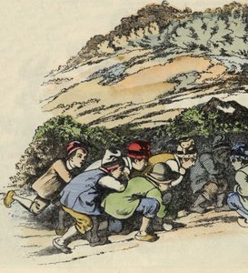 Divoši malého Pouceta se schovávají v duté skále, aby unikli zlobrovi. Ilustrace pohádky „Le Pepetit Poucet““ od Charlese Perraulta od Unknown artist