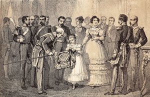 Budoucí španělská královna Isabella II (Isabella Bourbonská) (1830-1904) (Isabela II. Španělská) zdobící vlajku oštěpů stráže Řádu svatého Ferdinanda (San Fernando). Litografie. od Unknown artist