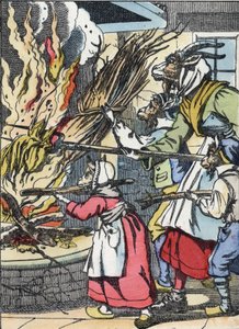 Koza a cetky zapálili komín. Ilustrace příběhu „Compere le Loup, Maitre Renard, Comere la Chevre et ses petits biquets““ podle bajky Jean de la Fontaine. V „“ Pohádky z domova pro nejmenší““. Anonymní rytina od Unknown artist