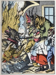 Koza zabije vlka v komíně. Ilustrace příběhu „Compere le Loup, Maitre Renard, Comere la Chevre et ses petits biquets““ podle bajky Jean de la Fontaine. V „“ Pohádky z domova pro nejmenší““. Anonymní rytina z 19 od Unknown artist