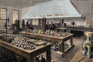 Velká laboratoř Louise Pasteura (1822-1895), francouzského chemika a biologa, na Ecole Normale Superieure - Louis Pasteur ve své laboratoři na Ecole Normale Superieure - Gravírování Meyer 1884 od Unknown artist